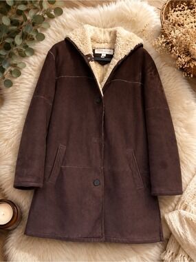 LIZ CLAIBORNE Faux Suede Winter Spring Hooded Brown Coat Jacket Size M OVERSIZE